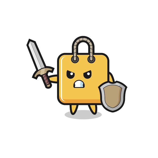 Cute shopping bag soldier fighting with sword and shield