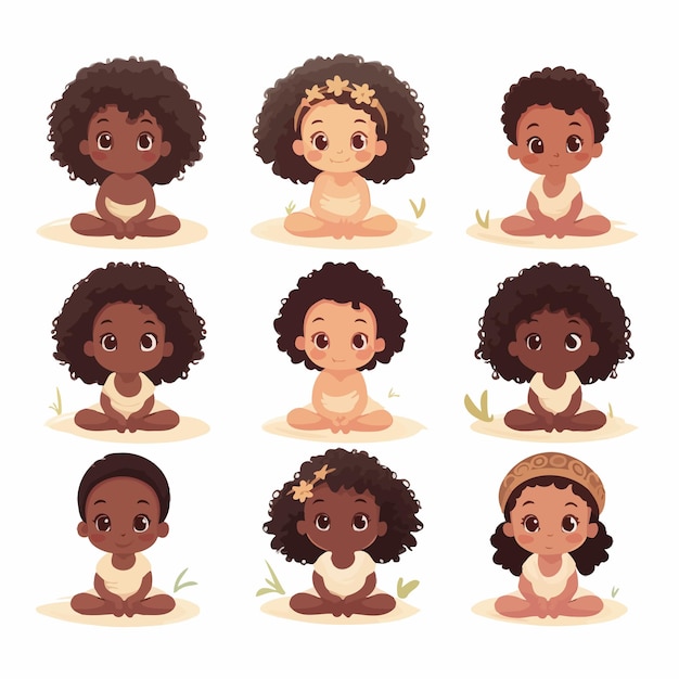 Vettore cute_short_dark_skin_boho_baby_clip_art_sheet