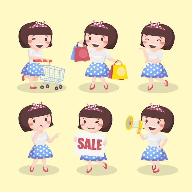 Vector cute short hair girl with vintage clothing pack