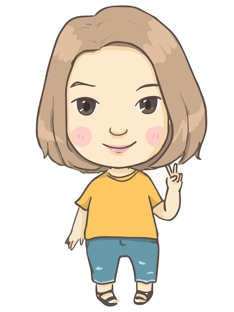 청바지와 노란색 셔츠를 입고 귀여운 짧은 머리 여자