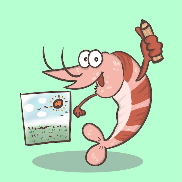 Vector cute shrimp cartoon student animal holding pencil and paper studying drawing back to school