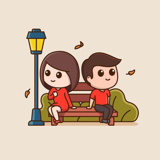 cute shy couple in autumn cartoon