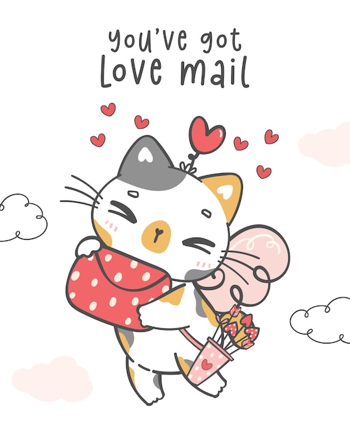 Vettore carino timido san valentino amore cupido calico gattino gatto volare con lettera d'amore busta hai amore posta animale personaggio dei cartoni animati doodle disegno a mano