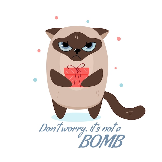 Vector cute siamese cat with a gift in its paws