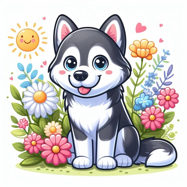 キレイなシベリアンハスキー犬と花のベクトル漫画イラスト