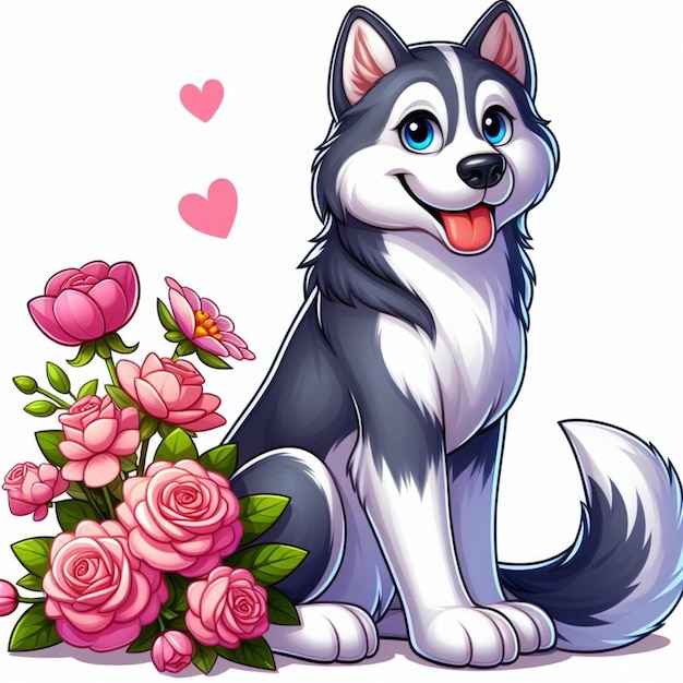 Cute Siberian Husky Dog and Flowers Vector Cartoon illustration