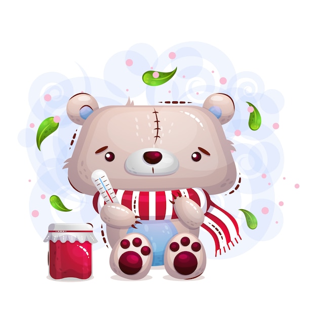 Cute sick teddy bear in a scarf and a can of jam