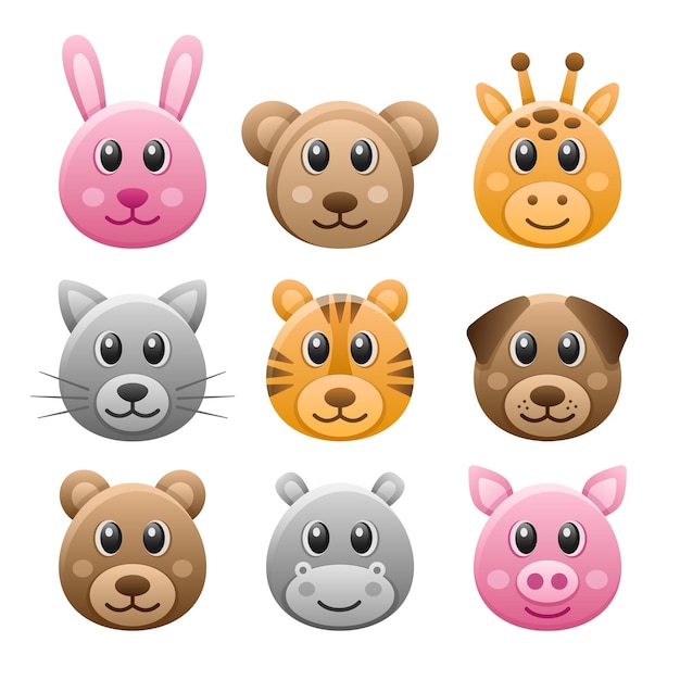 Cute Simple Animal Set of Faces. 