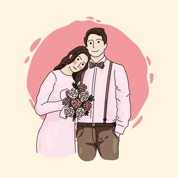 Cute simple couple wedding cartoon illustration