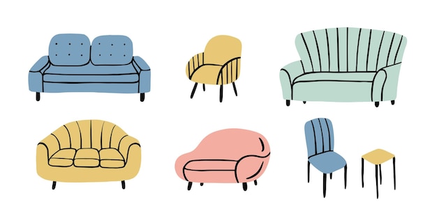 Cute simple furniture set Sofa chair stool Kids cartoon flat interior Simple hand drawn style