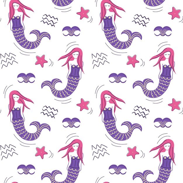 cute simple pattern with sea doodle elements seamless background with sketch mermaid