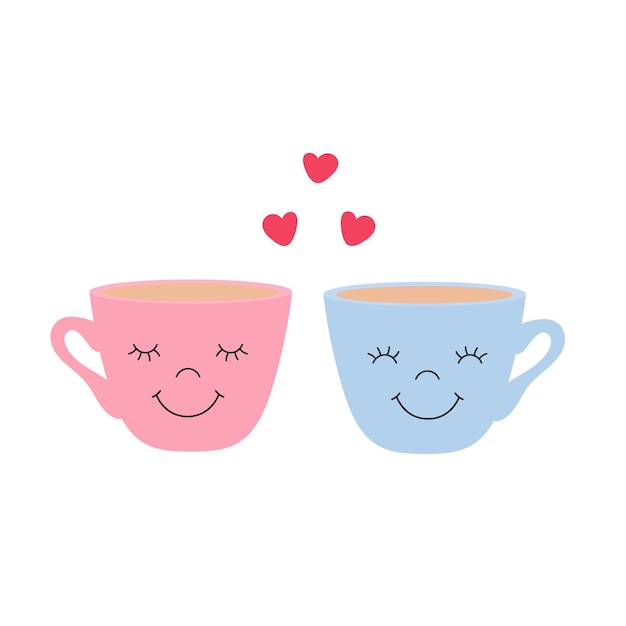 커피와 하트 컵의 귀여운 간단한 미소 커플