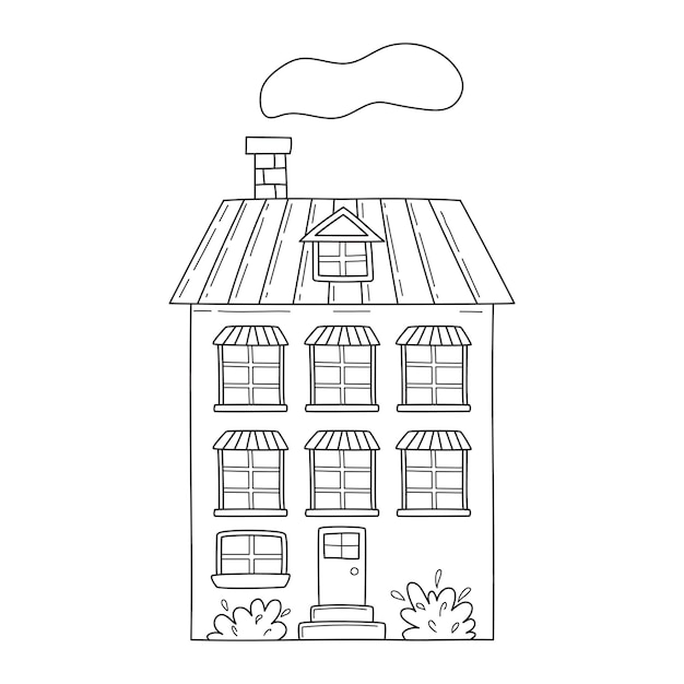 Вектор Симпатичный простой трехэтажный дом в стиле каракулей