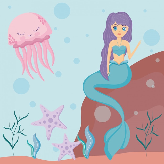 Cute siren with octopus and starfish