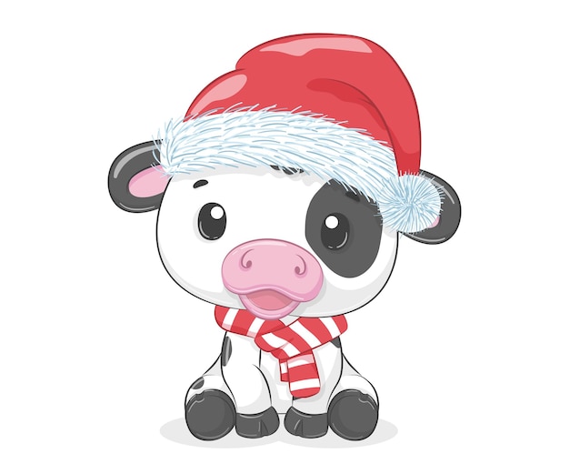 Cute sitting calf for New Year and Christmas. Vector illustration of a cartoon.