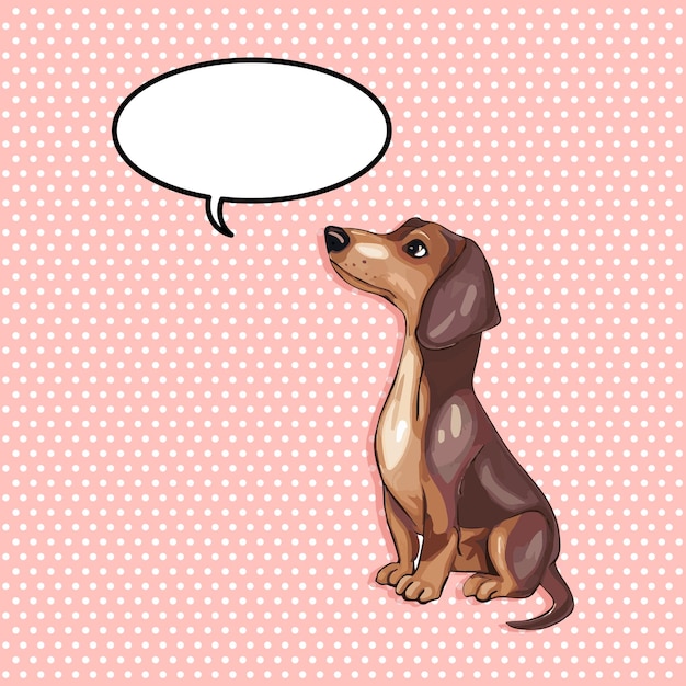 Cute sitting dachshund dog looking up with speech balloon pop art style vector illustration