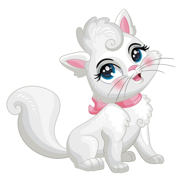 Cute sitting fluffy white kitten cartoon character vector illustration