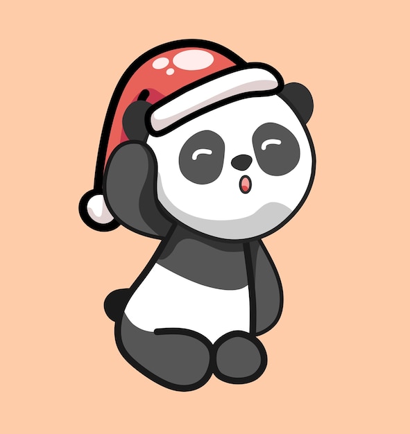 Cute sitting panda with red christmas santa clause hat