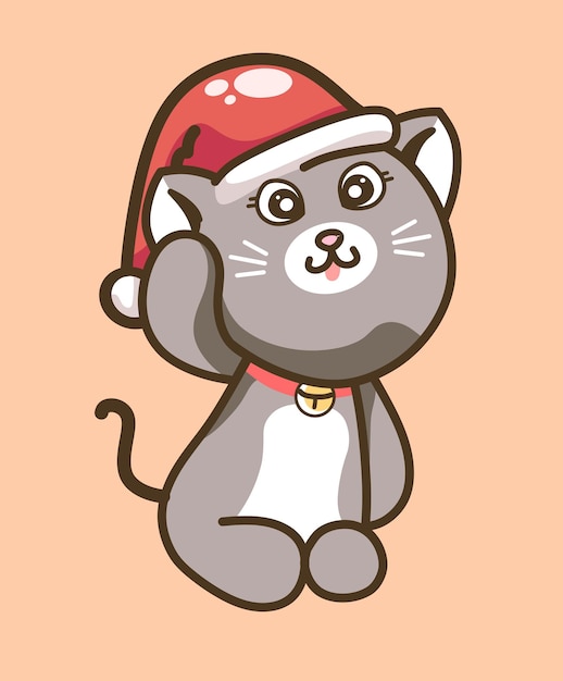 Cute sitting silver grey maltese cat with red christmas santa clause hat