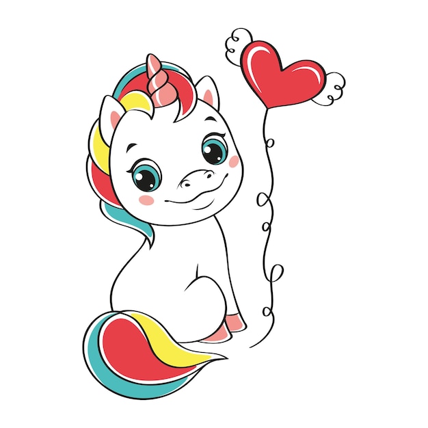 Cute sitting unicorn with flying heart. Cartoon vector illustration