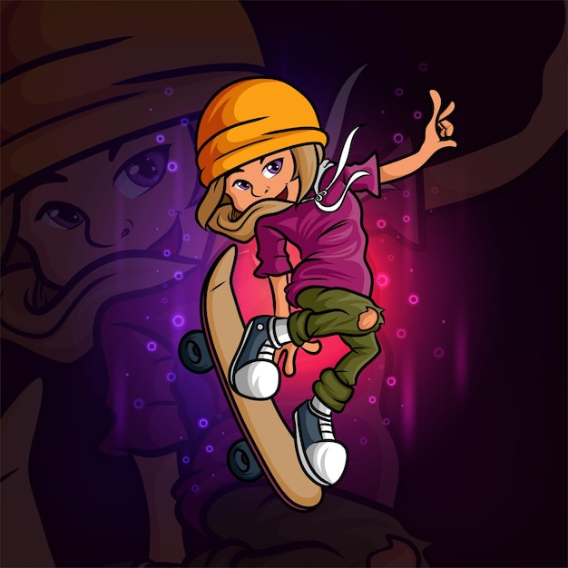 La simpatica ragazza skateboard esport mascotte design dell'illustrazione