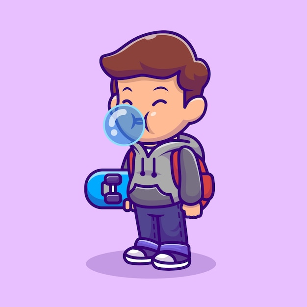 Cute skater boy blowing candy bubble cartoon