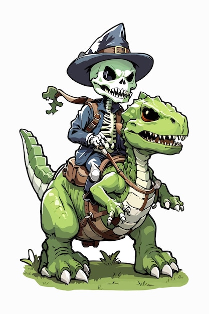 Cute Skeleton Riding green Dinosaur