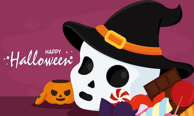 Милый скелет в шляпе ведьмы и конфетах Счастливого Хэллоуина. Векторная иллюстрация