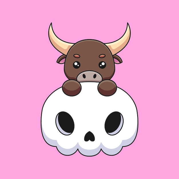 Cute skull bull halloween cartoon mascot doodle art hand drawn concept vector kawaii icon illustration