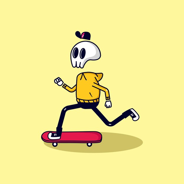 Милый череп играет на скейтборде вектор иллюстрация плоский мультфильм стиль