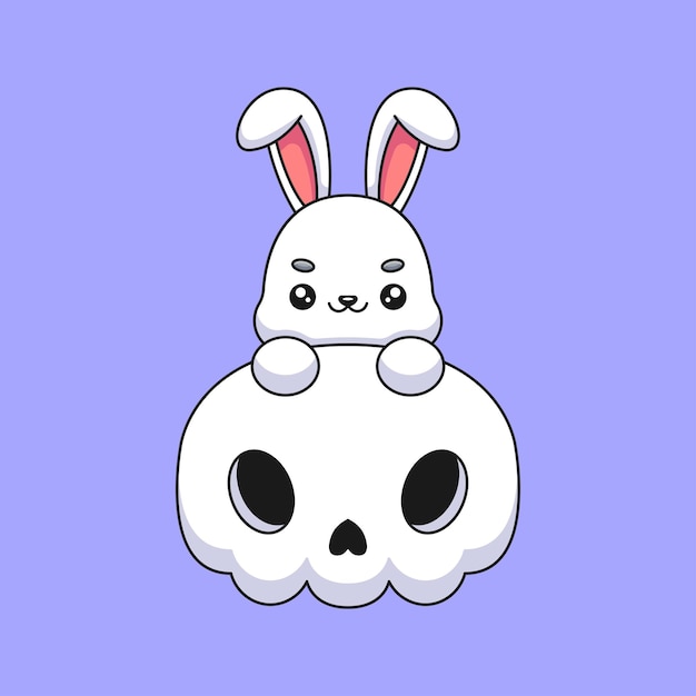 Cute skull rabbit halloween cartoon mascot doodle art hand drawn concept vector kawaii icon illustration