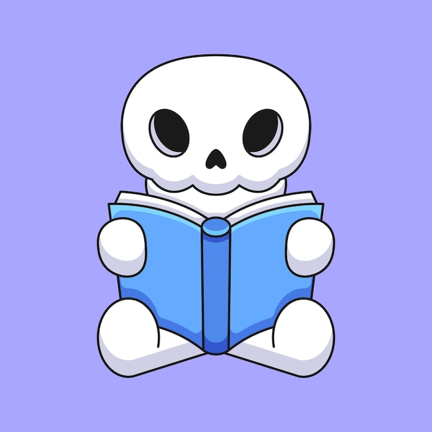 Cute skull reading book cartoon mascot doodle art hand drawn concept vector kawaii icon illustration