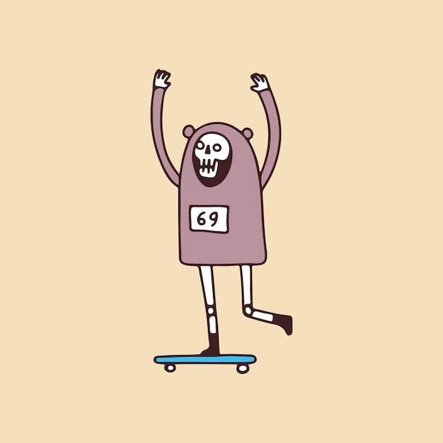 벡터 곰 의상을 입고 스케이트보드를 타는 귀여운 해골, 티셔츠 삽화, 스티커.