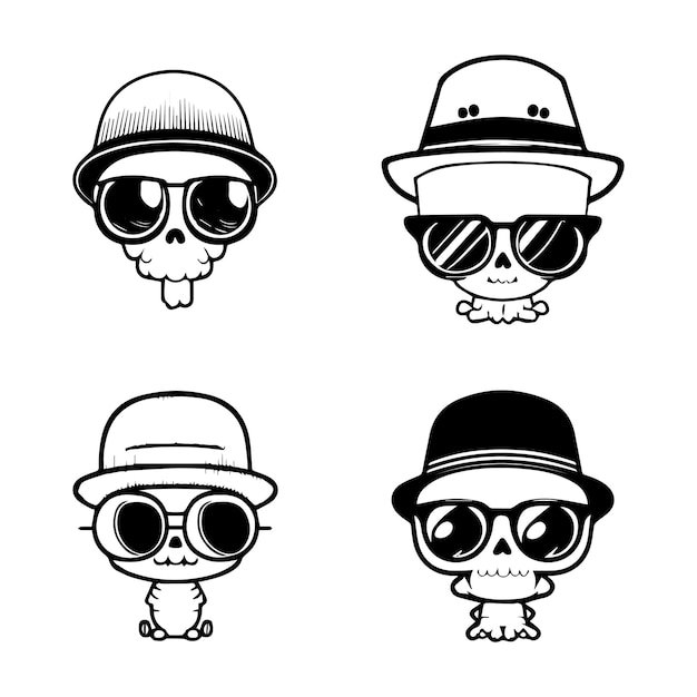 cute skull wearing sunglass logo collection set hand drawn illustration
