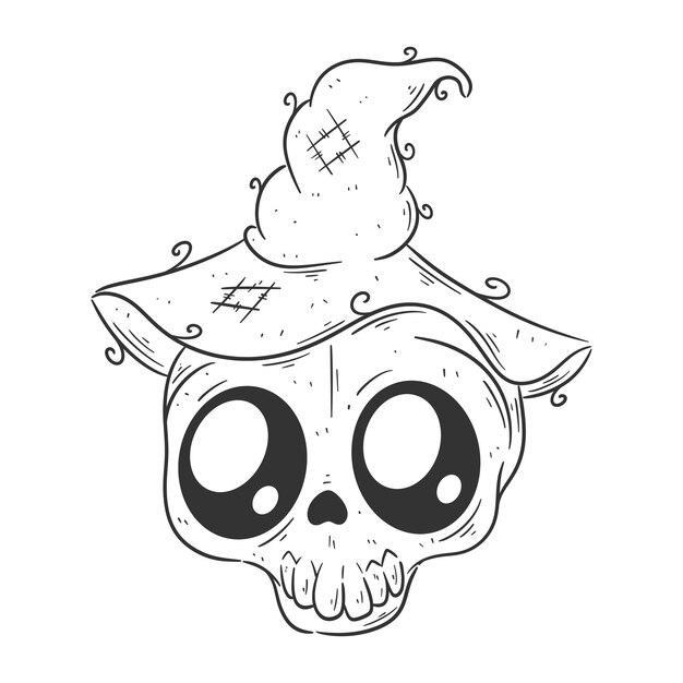 Vector cute skull wearing a witch hat for coloring