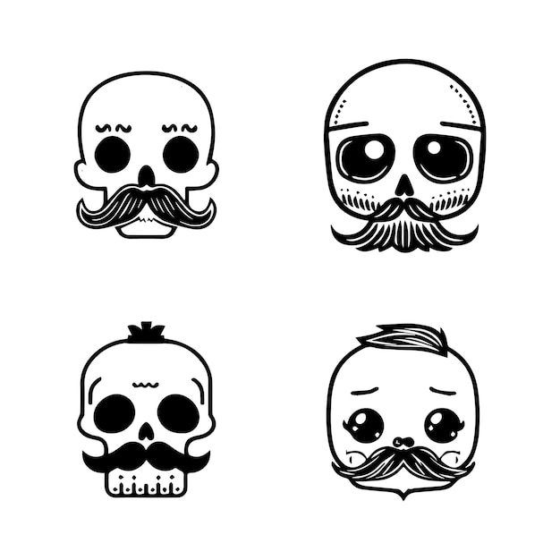 cute skull with moustache logo collection set hand drawn illustration