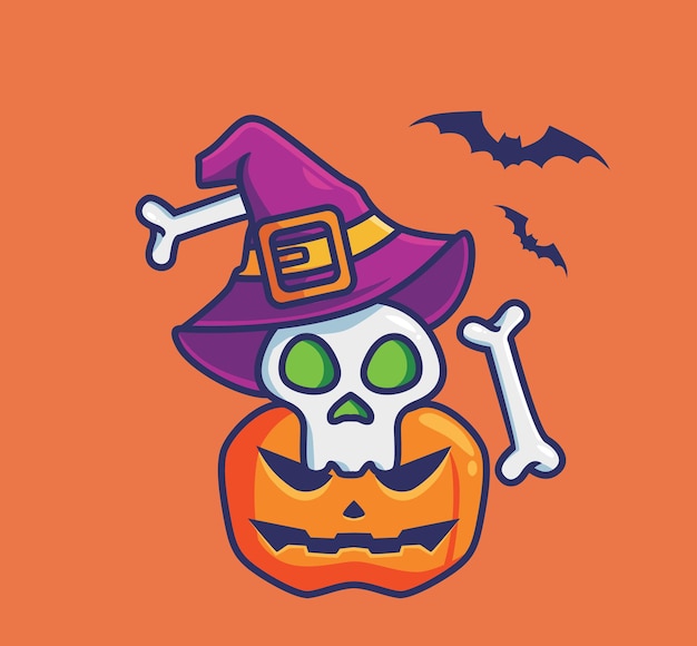 Cute skull wizard and pumpkin. cartoon halloween event concept Isolated illustration. Flat Style suitable for Sticker Icon Design Premium Logo vector. Mascot character