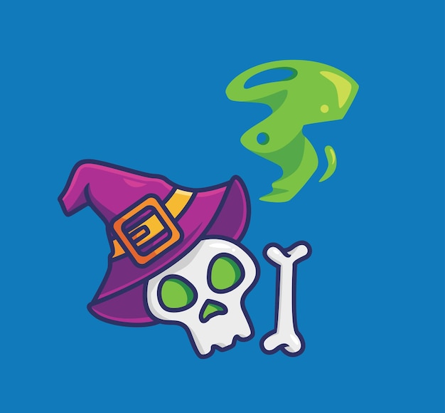 Cute skull wizard soul cartoon Halloween event concept Isolated illustration Flat Style