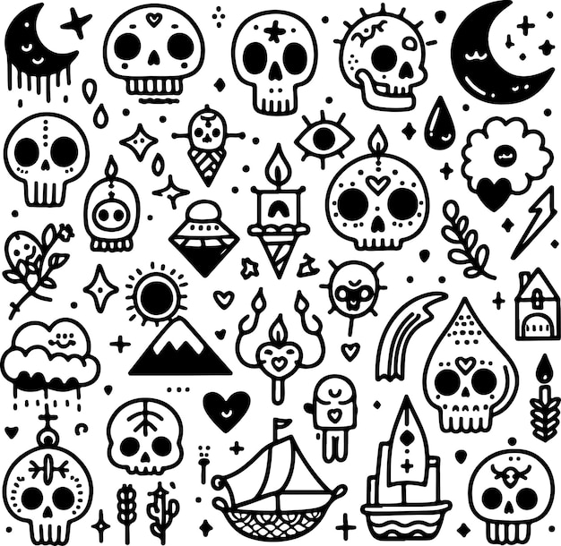 Cute skulls doodle vector black outline illustration