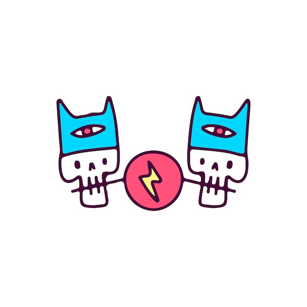 Cute skulls head with cat hat biting a lightning sign, illustration for t-shirt, sticker.