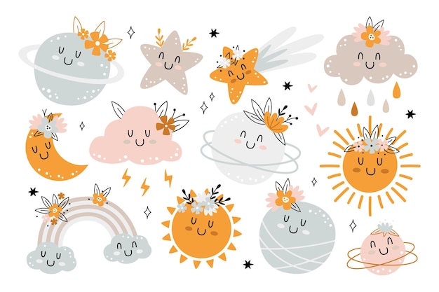 Vector cute sky characters with flowers set