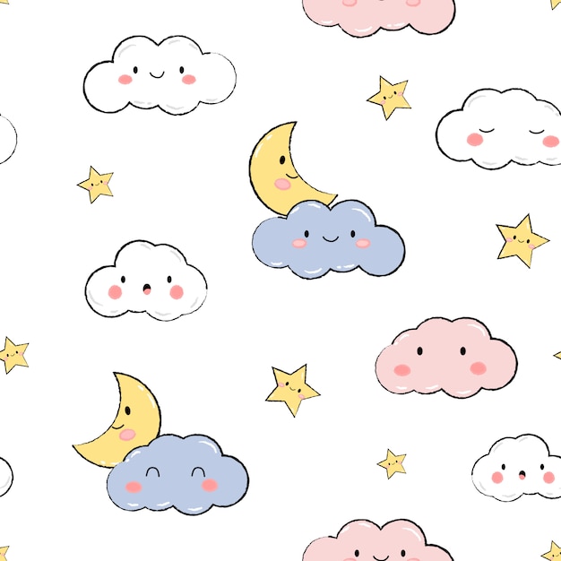 Cute sky stars clouds pastel cartoon doodle seamless pattern