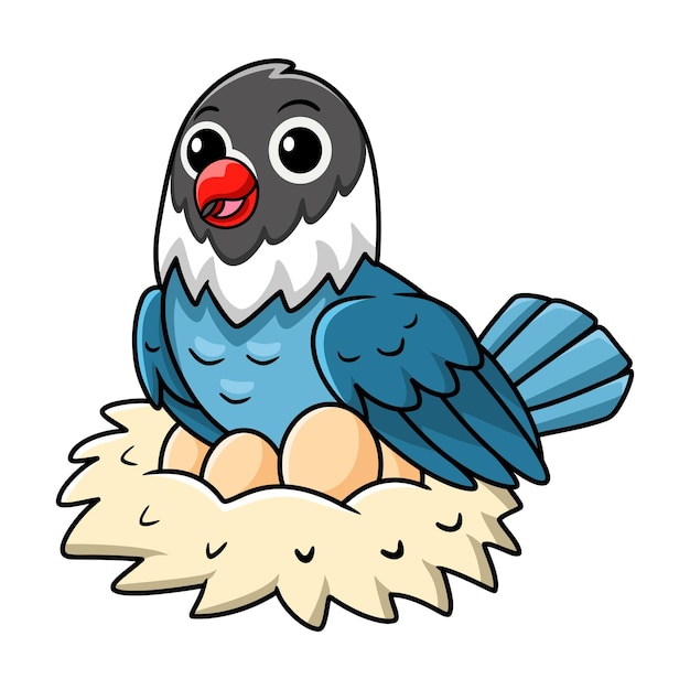 Вектор Симпатичный голубо-голубой мультфильм о птице любви с яйцами в гнезде