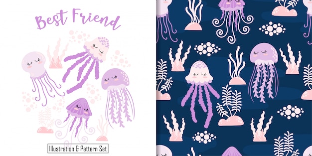 Cute sleep jellyfish card hand drawn seamless pattern set