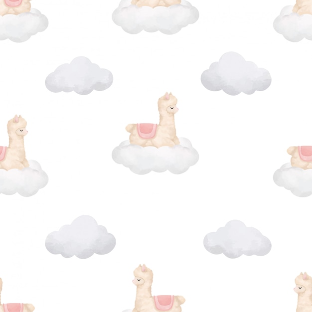 CUTE SLEEP LLAMA WATERCOLOR SEAMLESS PATTERN