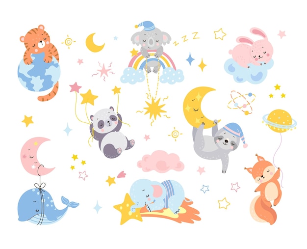 Cute sleeping animals cartoon sleep characters on moon and rainbow baby panda rabbit on cloud and fox funny newborn shower party nowaday vector stickers