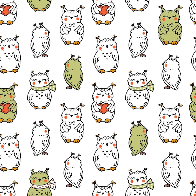 Vector cute sleeping baby owlets hand drawn in doodle style seamless vector pattern