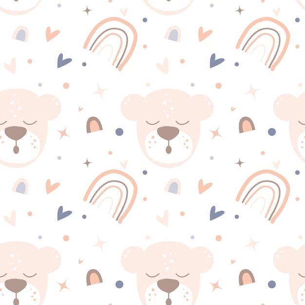 Vector cute sleeping bear rainbow and heart shapes boho nursery wallpaper in scandinavian style vector