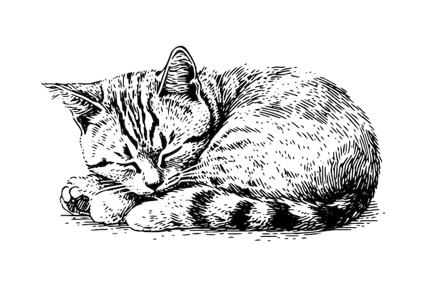 Simpatico gatto addormentato ritratto disegnato a mano schizzo di inchiostro incisione stile vintage illustrazione vettoriale