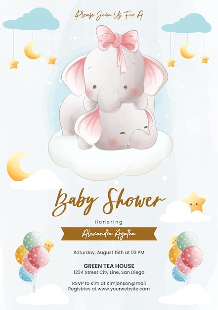 Vector cute sleeping elephants on clouds in watercolor style baby shower invitation